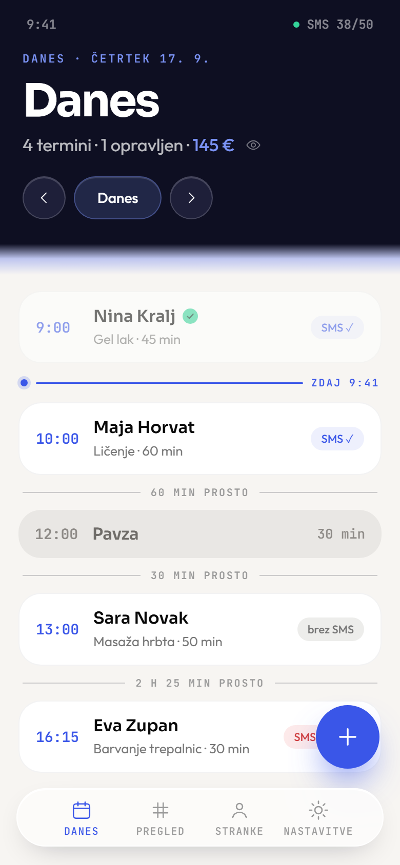 Zaslon Danes: seznam terminov za današnji dan, ob vsakem ura, ime stranke, storitev in oznaka o poslanem SMS-u.