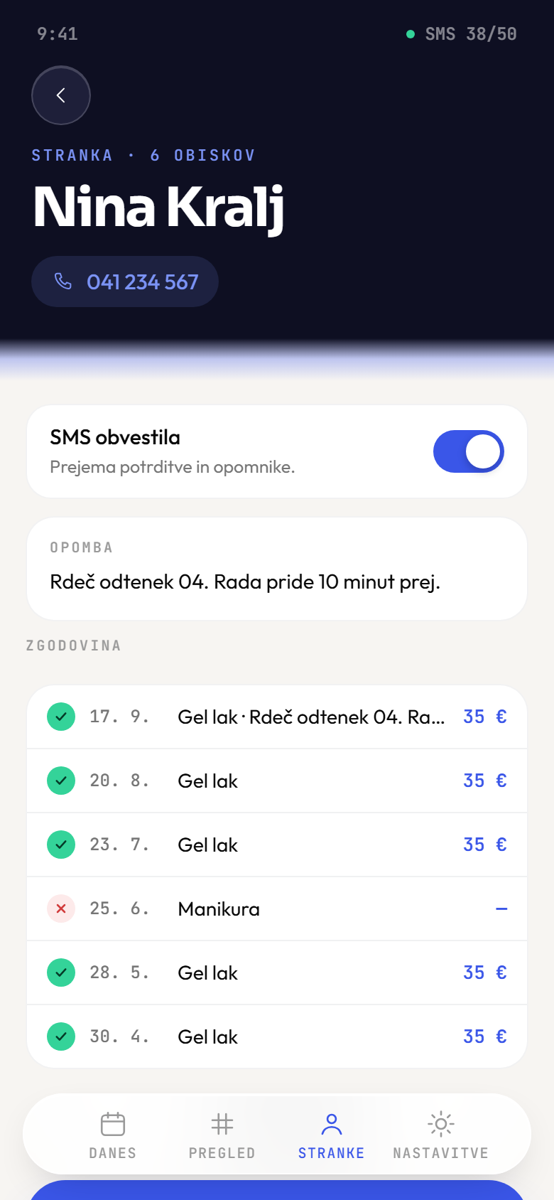 Profil stranke: ime, telefon, opomba in zgodovina obiskov s storitvijo, datumom in ceno.