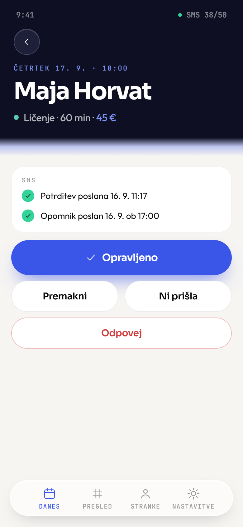 Podrobnosti termina: ime stranke, storitev, opomba, stanje SMS-ov in gumbi Opravljeno, Premakni, Ni prišla in Odpovej.