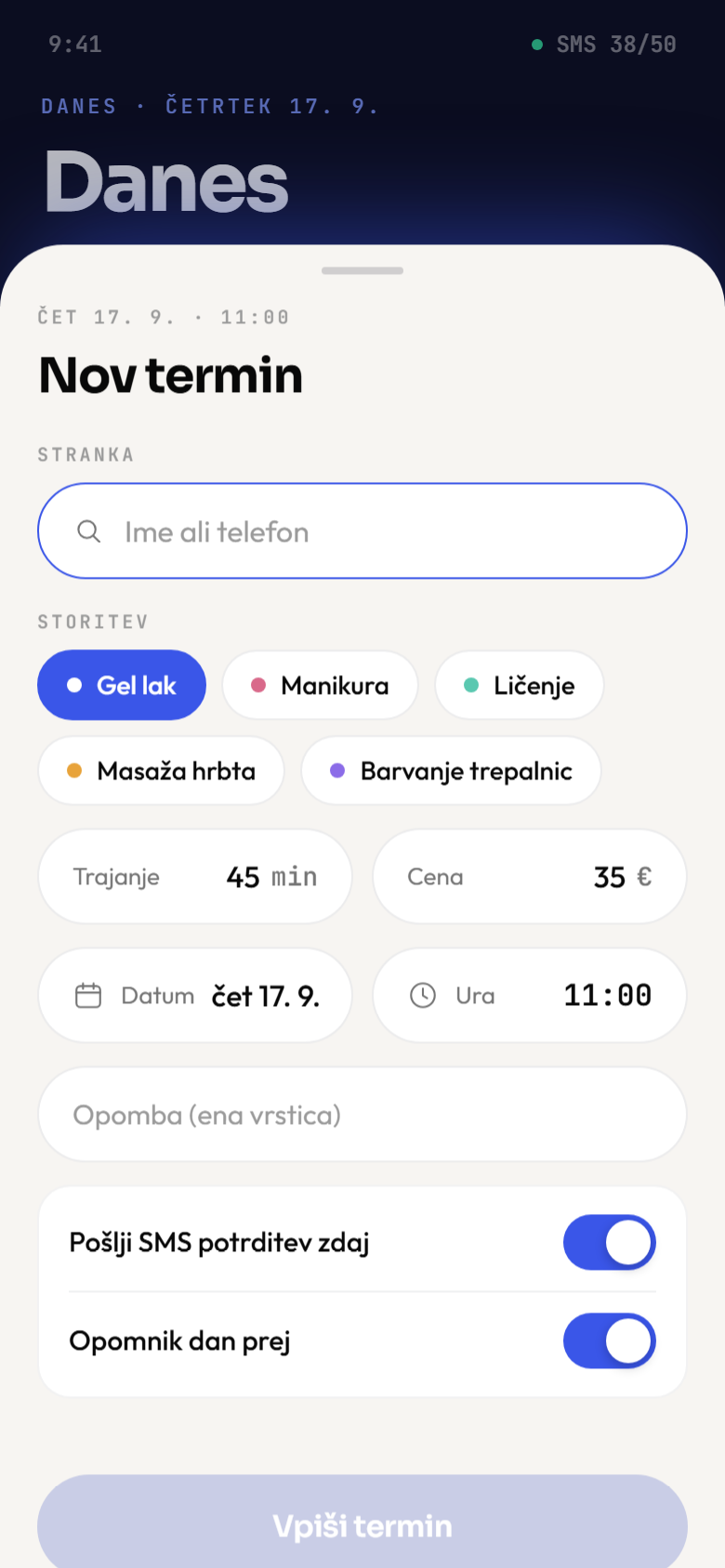 Vpis termina: iskanje stranke, izbira storitve z barvnimi čipi, trajanje, cena, datum in ura ter stikali za SMS.